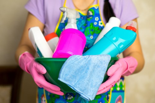 Carpet cleaning team setting up safety equipment before work
